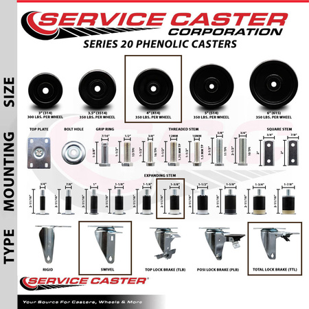 Service Caster 4'' SS Phenolic Swivel 1-3/8'' Expanding Stem Caster Set Total Lock Brake, 4PK SCC-SSEXTTL20S414-PHS-138-4